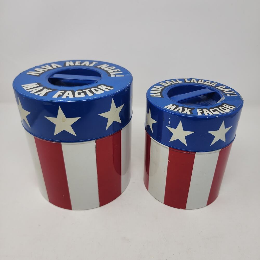 Vintage JAPAN American Flag Tins (2) Max Factor Containers Labor Day, Noel